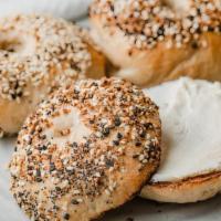 Bagels · choice : butter/jelly/cream cheese/peanut butter/herb cream cheese/hummus/cucumber/tomato/on...