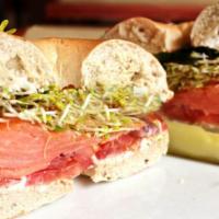 Lox Bagel · lox with cream cheese,choice(tomato,onion,capers,sprout)  on bagels