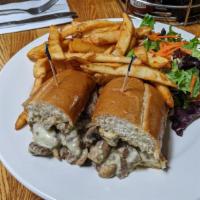 Big sur · Grilled black Angus bistro with grilled sweet onions, mushrooms and white cheddar cheese on ...