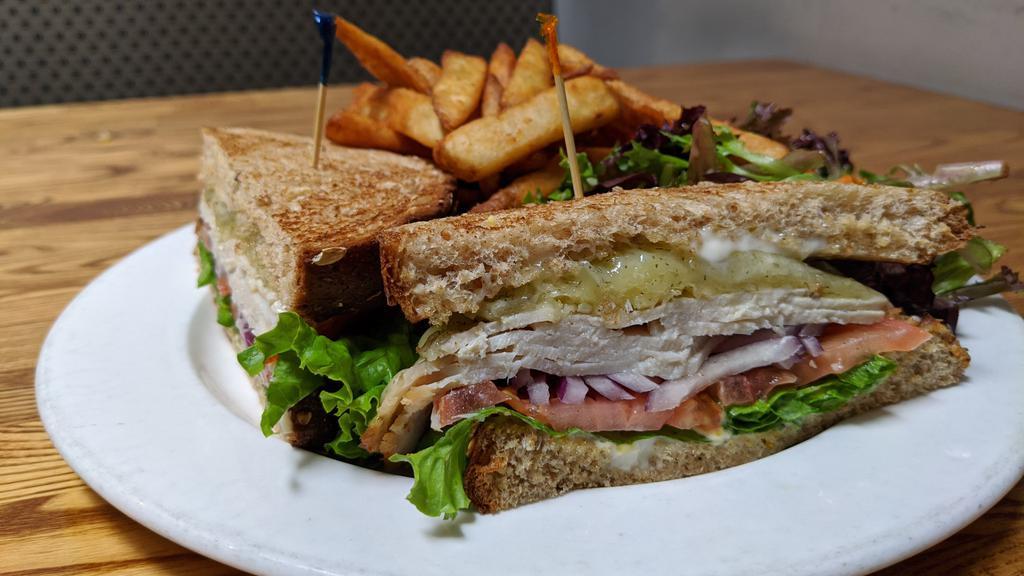 Pioneer · Fresh oven-baked turkey breast with lettuce, tomato, red onions, Dijon, mayo and dill havarti cheese.