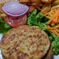 Garden Burger · Served with fries and salad.