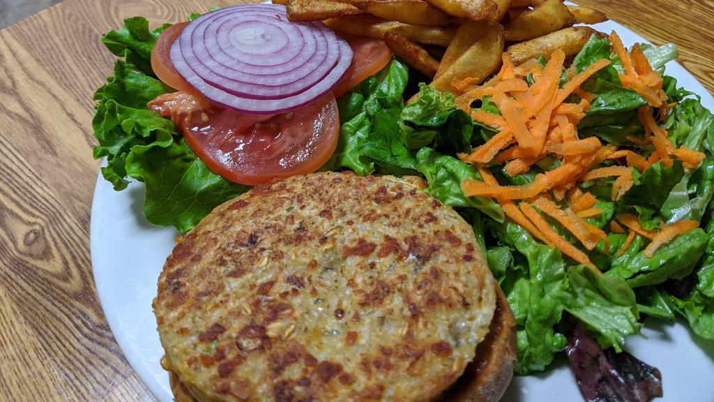 Garden Burger · Served with fries and salad.