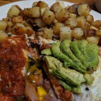 Huevo's Rancheros · Ham steak,2 eggs any style, black bean chili, jack cheese on corn tortillas ,avocado, and sa...