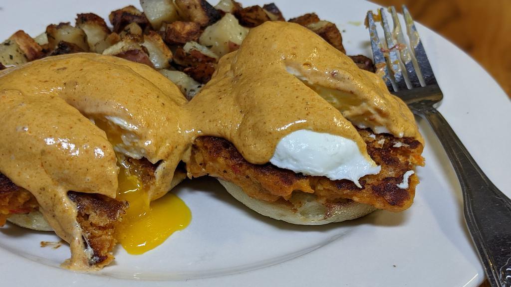 New Orleans · Crab cakes on an English muffin with poached eggs and spicy Cajun hollandaise.