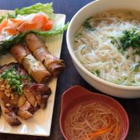 26A. Five Spice Chicken & Egg Roll Noodle Soup · Marinated boneless chicken on the side w/ homemade fish sauce served w/ your choice of broth...