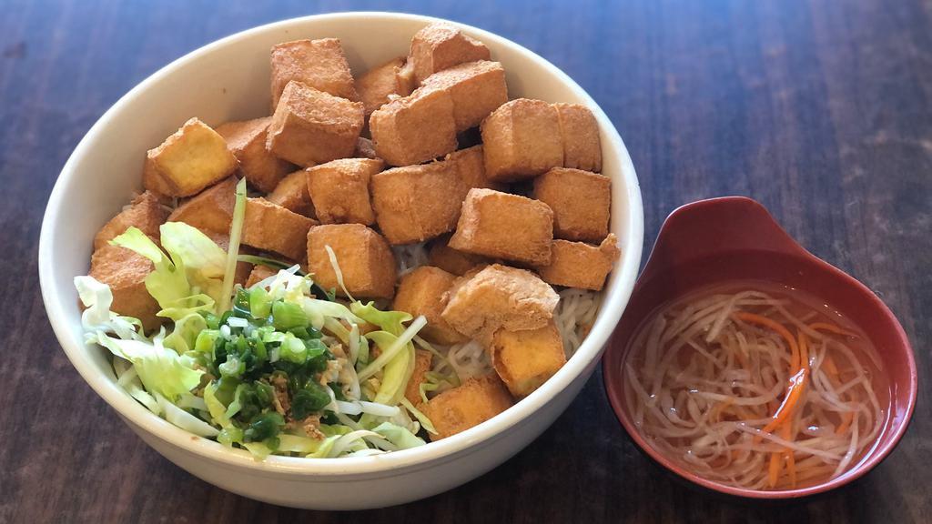 35. Fried Tofu with Vermicelli · *Contains Peanuts.* Deep fried tofu cubes topped w/ peanuts, scallion, lettuce & shredded cucumber served w/ homemade fish sauce on the side