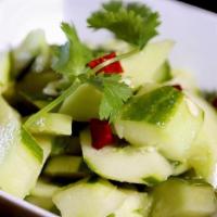 Cucumber Salad · Cucumber, Cilantro, Dry red pepper, Salt, Sesame oil, Vinegar. (Vegan Food, Gluten free)