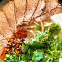 Beef Noodles Soup · Wheat flour Noodles, Beef, Green onion, Chives, Cilantro, Chili oil, and White radish