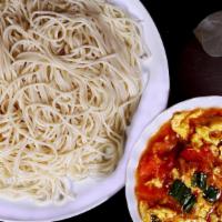 Noodles With Tomato Egg Sauce · Wheat flour noodles, Eggs, Tomato, Green onion. (Vegetarian)
