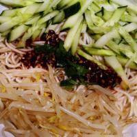 Noodles With Sauce · Wheat flour noodles, Cucumber, Sprout, and Cilantro, Chili oil and House sauces. (Vegan)