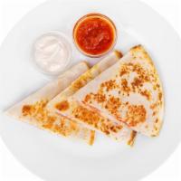 Cheese Quesadilla · Vegetarian quesadilla featuring cheddar, mozzarella, house salsa and guac with a dollop of s...