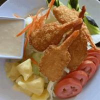 Fried Shrimp Salad · Fresh chopped lettuce,tomatoes,cucumber,carrot and pineapple with creamy house dressing