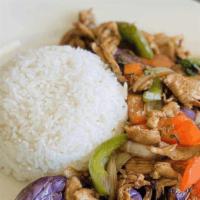 Pad Eggplant · Eggplant, basil, bell peppers, onions, and chili in garlic sauce ,medium spicy (Lunch Served...
