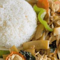 Pad Basil · Your choice of meat sauteed with Thai basil leaves,  onions, bamboo shoots, chili, and bell ...