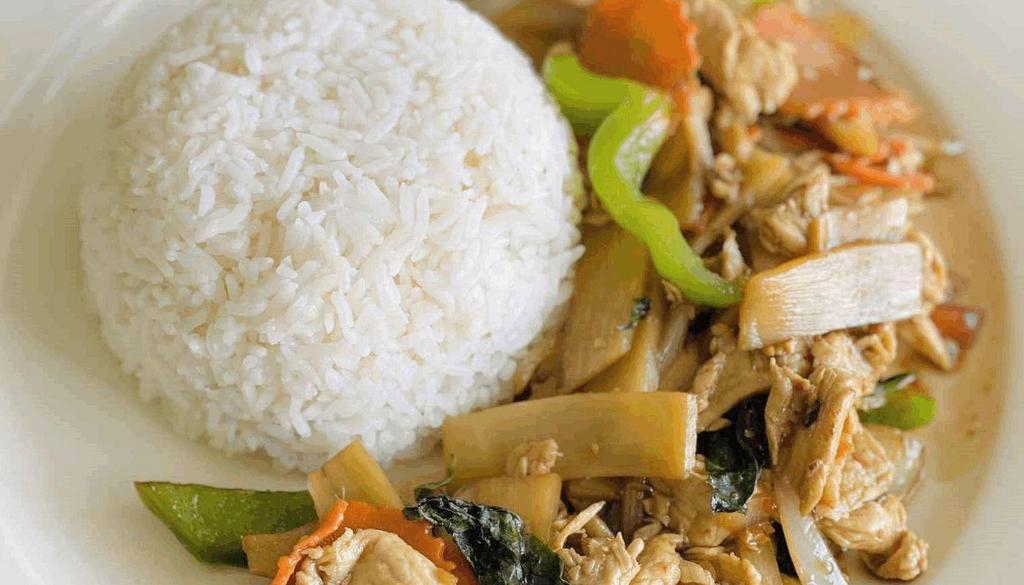 Pad Basil · Your choice of meat sauteed with Thai basil leaves,  onions, bamboo shoots, chili, and bell peppers ,medium spicy (Lunch Served with Rice)