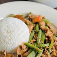 String Beans · Stir-fried string beans, bell peppers with red chili paste,medium spicy (Lunch Served with R...