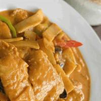 Catfish with Chu-Chee Curry sauce · catfish, basil, bell pepper, bamboo and eggplant. Mild spicy (Lunch Served with Rice)