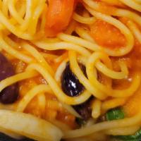'Mafiusa' (Spaghetti Puttanesca) · black olives, capers, fresh sliced garlic, parsley, extra virgin olive oil and tomato sauce ...