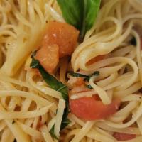 Linguine Trapanese · Simple, fresh, delicious!
Linguine with extra virgin olive oil, freshly peeled tomatoes, gar...