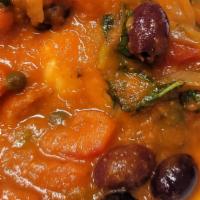 'Livornese' (Salmon) · Fresh salmon filet sauteed with capers, onions, olives, herbs, wine and marinara sauce, serv...