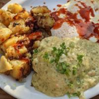 Boogaloo Classic · 2 eggs any style, home fries, and our Boogaloo Biscuit smothered in vegetarian. herb-cream g...