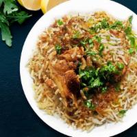 FB's Goat Biryani · Long grain basmati rice flavored with saffron and cooked with a delicate blend of  exotic sp...