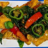Spicy tofu · Crispy tofu ,sautéed with sweet chili sauce, top with crispy sweet basil.