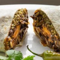Specialty Mole Burrito · mole poblano sauce with choice of chicken or pork, rice, whole beans, pickled onions and jal...