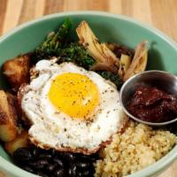 Breakfast Bowl · Quinoa and black beans, roasted veggies (artichoke, red onion and mushroom), 2 eggs any styl...