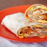 Breakfast Burrito (Halal) Top Seller! · Eggs, cheese, Beef sausage (Halal), Hashbrown and picante sauce wrapped in a flour tortilla.
