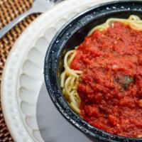 Spaghetti with Meatballs · Pork and beef meatballs, marinara sauce, basil.