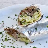 Lamb and Beef Gyros Wrap · Slow-cooked, thin-sliced, marinated lamb and beef, served on lavash bread with lettuce, toma...