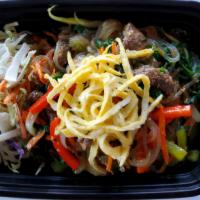Japchae · Stir-fried glass noodle with beef and veggies. Comes with 3 side dishes, changing daily.