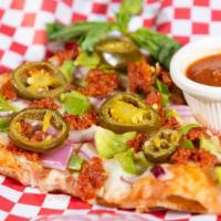 Aztec Pizza · Refried beans, Mexican chorizo, red onions, jalapeño, red & green peppers and cilantro, mozz...