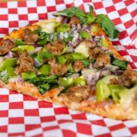 Otis Street Slice  · Red sauce, house made sausage, bell peppers, red onions, spinach, mozzarella