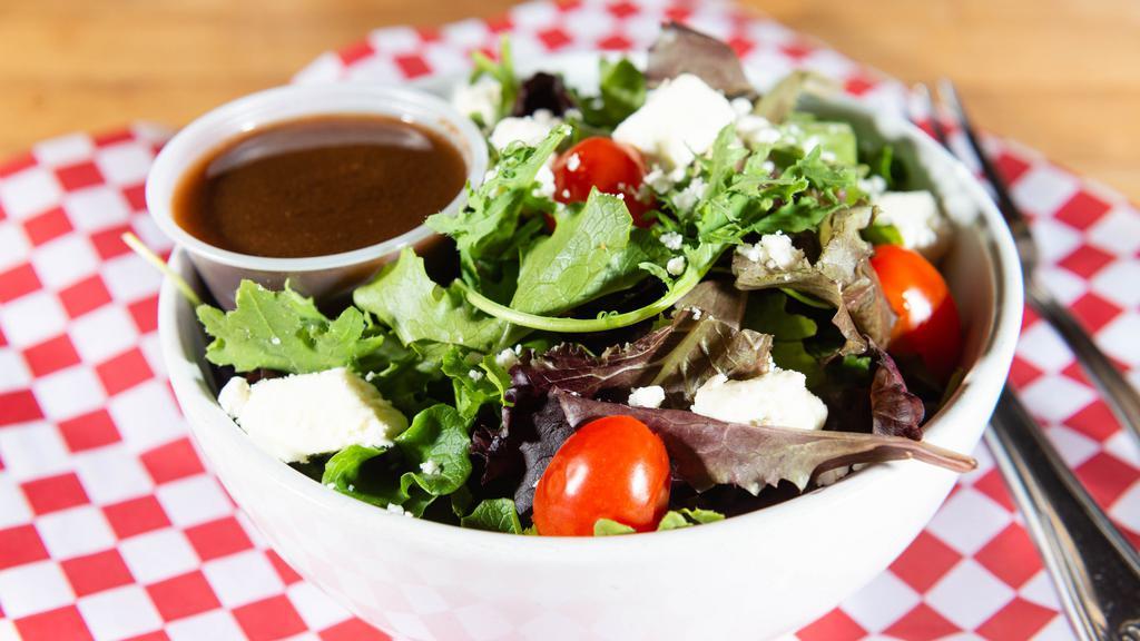 Side Salad · Mixed greens, cherry tomatoes, feta and balsamic vinaigrette