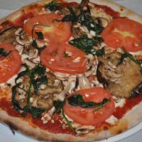 Vegetariana · Tomato sauce, Mozzarella cheese, zucchini, eggplant, spinach, and fresh tomato.