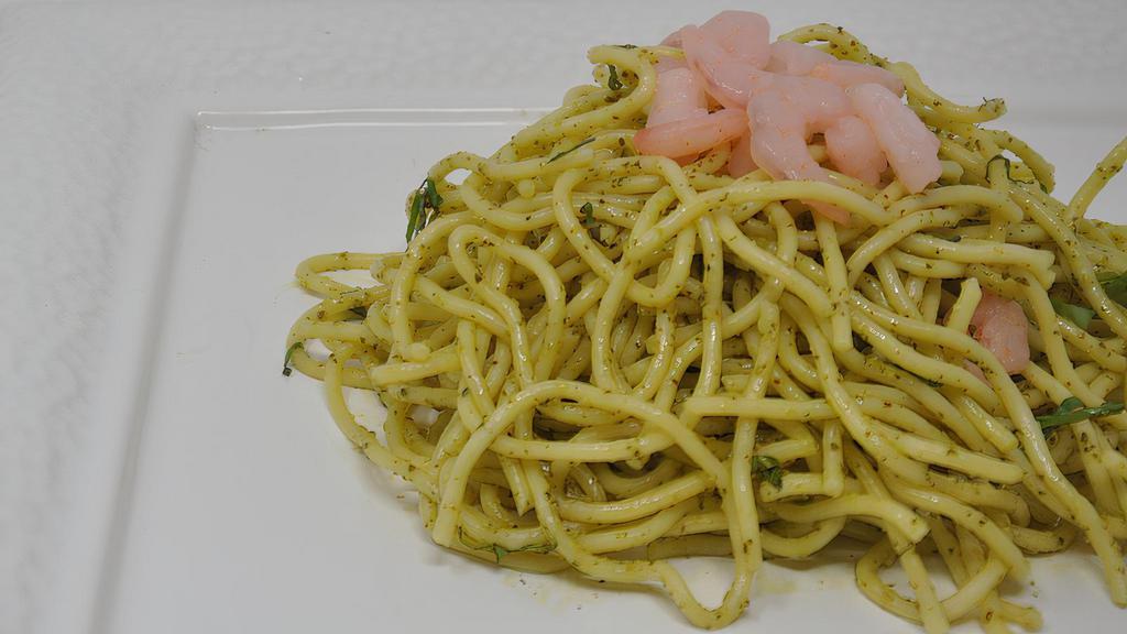 Spaghetti al Pesto · Served with homemade pesto sauce (contains pine-nuts), and bay shrimp.