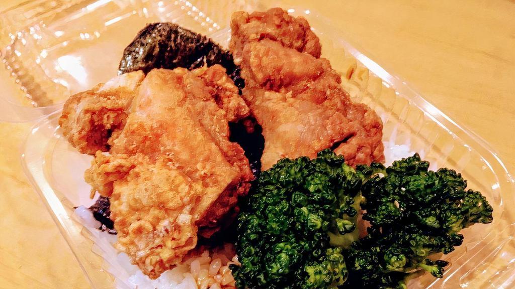 CHICKEN KARAAGE W/TERI AND SPYCY SAUCE · CHICKEN FRIED 2PC w/Original Teri sauce OVER  STEAM RICE
*Topping>Roasted seaweed/ Egg/Seaweed salad/Spinach w/Dressing