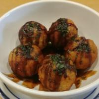 Deep Fried Wheat Ball with Octpus 5Pc · Takoyaki 5Pc  with Japanese  Veggie Fruit Sauce /Seaweed.