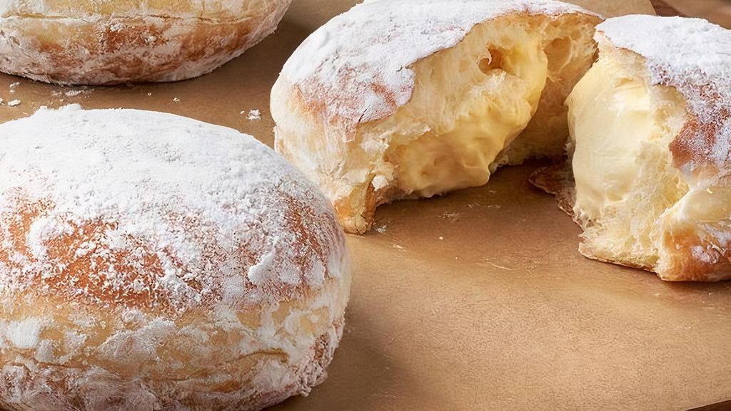 King Cream Donut · Soft Donut, Bavarian Cream, Powdered Sugar.

Contains: Egg, Milk, Soy, Wheat