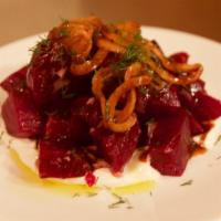 Roasted Beets · with labneh, dill, pomegranate molasses & pickled onion.