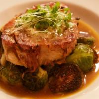 Braised Pork Shoulder · with mashed potatoes, brussels sprouts &  whole grain mustard butter