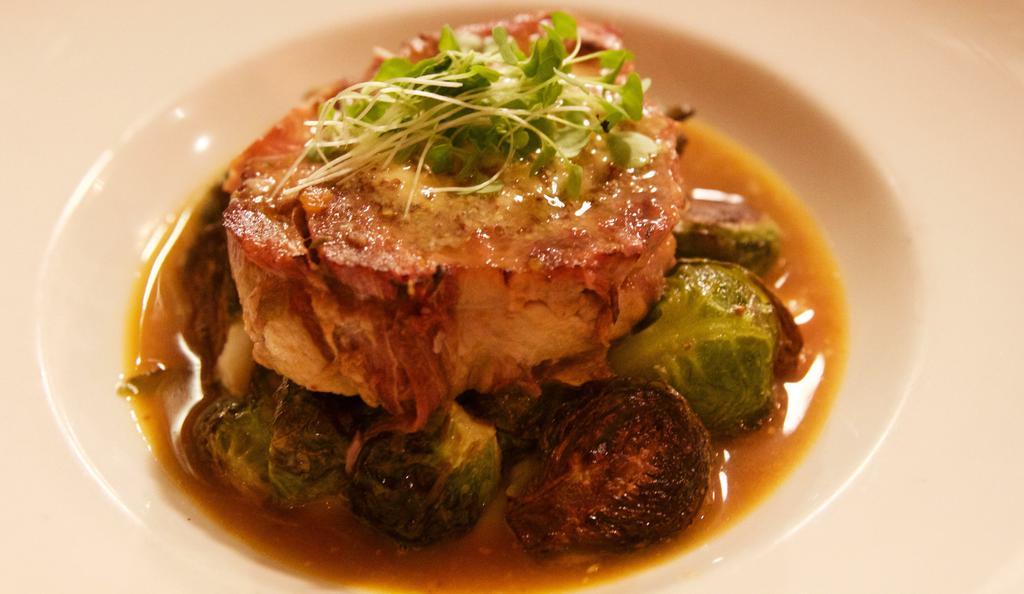 Braised Pork Shoulder · with mashed potatoes, brussels sprouts &  whole grain mustard butter