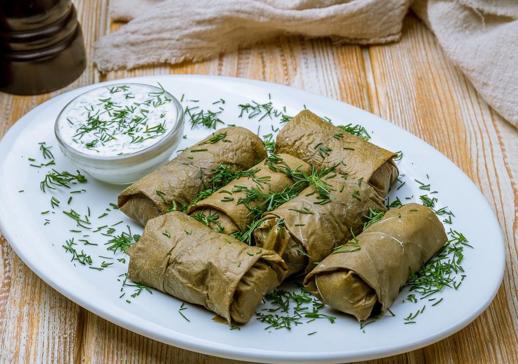 Dolma · Tender grape leaves filled with rice, vegetables and fresh herbs.