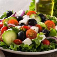 Greek Salad · Lettuce, tomatoes, onions, black olives, pepperoncini, Feta cheese, and your choice of dress...