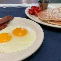Pancakes · Buttermilk pancakes, two eggs and Bacon