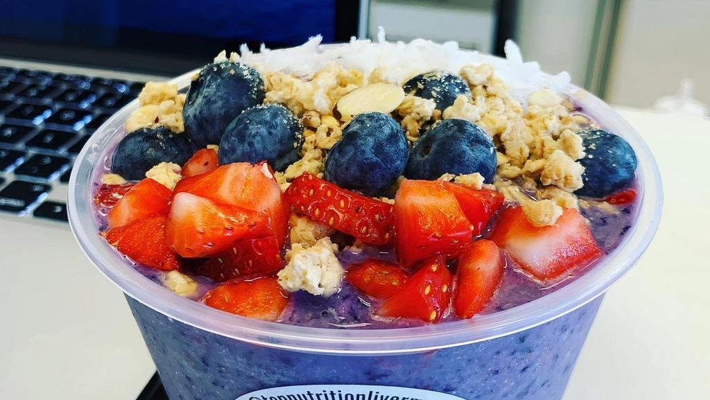 Acai bowl  · 24g protein, 10g sugars, 21 vitamins and minerals, 200 calories, blue berry, shredded coconut, granola, chia seed, honey, strawberry