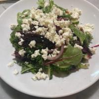 Greek Salad · mixed baby greens, feta, cucumber, grape tomatoes, kalamata olives, red onions, lemon herb v...