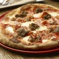 Carne Pizza · crushed tomato, italian sausage, pepperoni, ham, meatball, mozzarella, parmesan